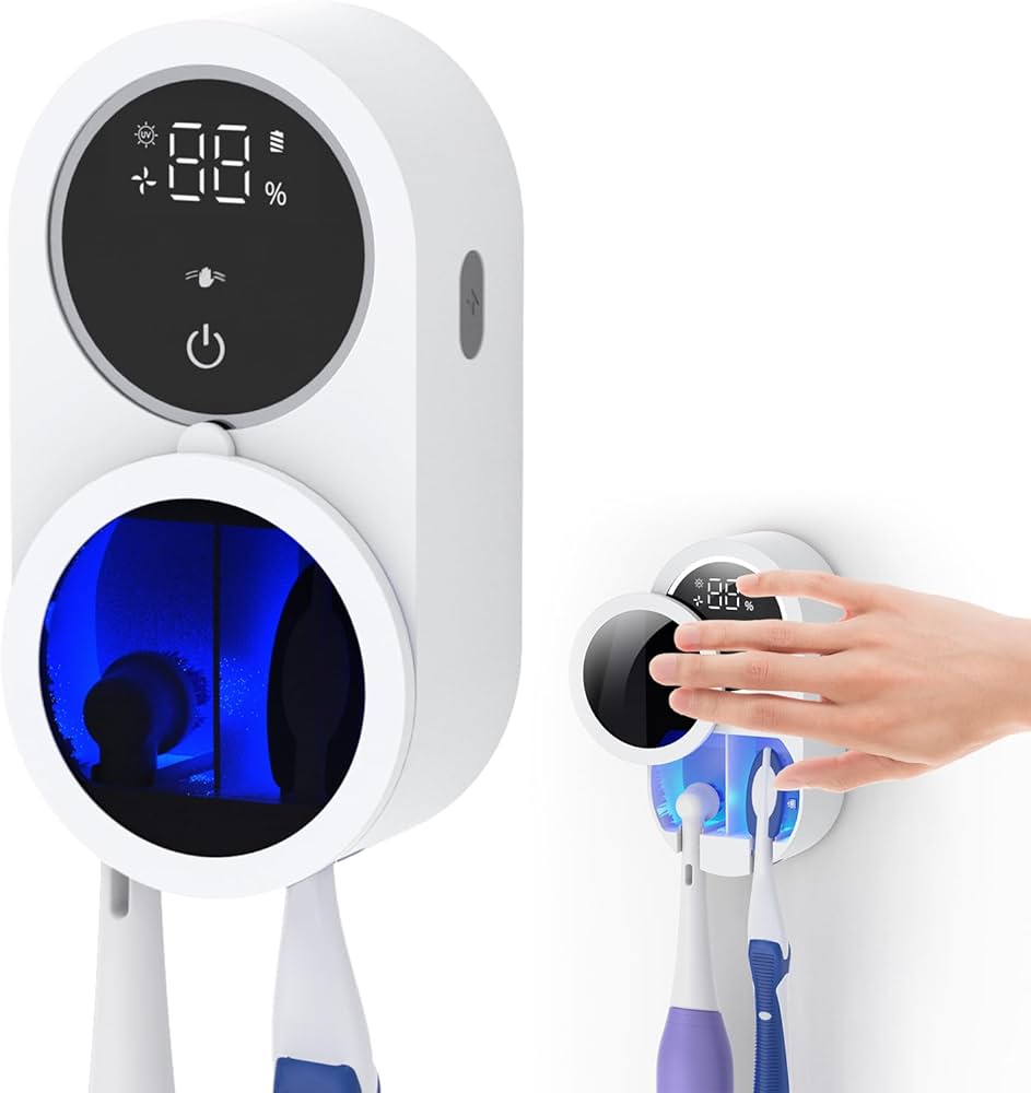 UV Toothbrush Sanitizer and Holder with blue UV light active